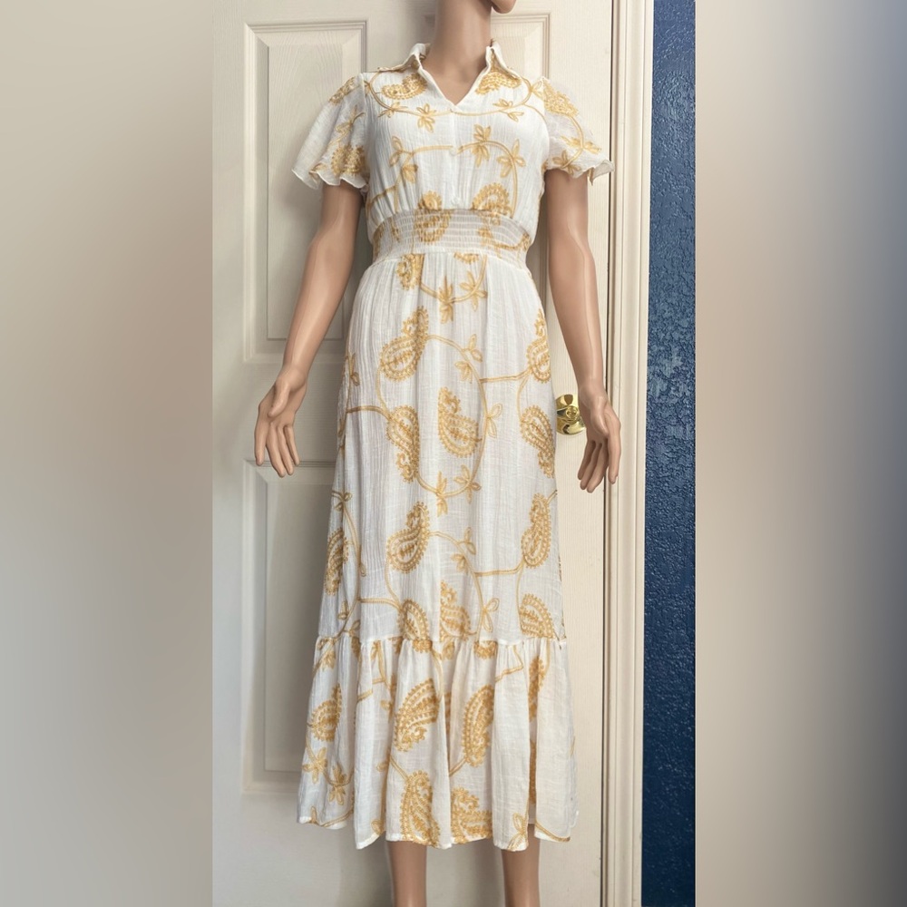 Anthropologie White and Gold Midi Dress